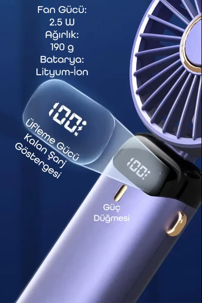 LCD Ekranlı Şarjlı El Fanı 5 Kademe Boyun Seyahat Masaüstü Vantilatör Taşınabilir Mini Fan Yeşil N5 - 7