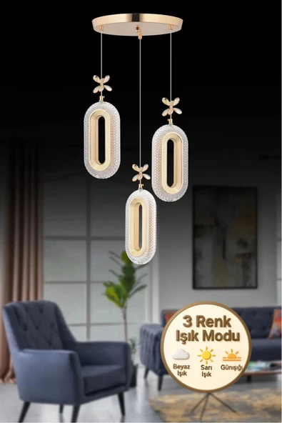 Roque Led Alfa 3'li Gold 3 Renk Ledli Kristal Taşlı Modern Led Avize