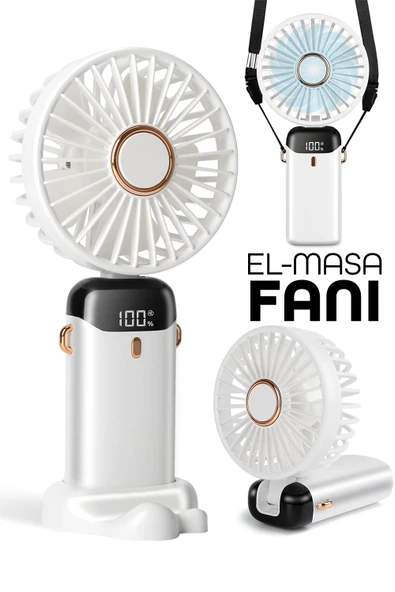 LCD Ekranlı Şarjlı El Fanı 5 Kademe Boyun Seyahat Masaüstü Vantilatör Taşınabilir Mini Fan Beyaz N5