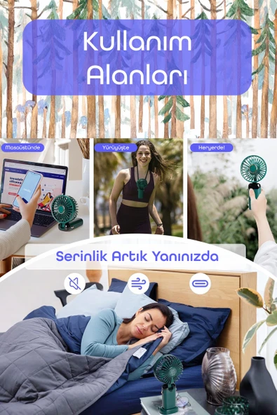 LCD Ekranlı Şarjlı El Fanı 5 Kademe Boyun Seyahat Masaüstü Vantilatör Taşınabilir Mini Fan Yeşil N5 - 4