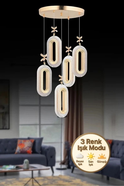 Nova Lighting Alfa Led 5'li Gold  3 Renk Ledli Kristal Taşlı Modern Led Avize