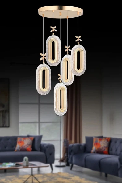 Roque Alfa Led 5'li Gold  3 Renk Ledli Kristal Taşlı Modern Led Avize