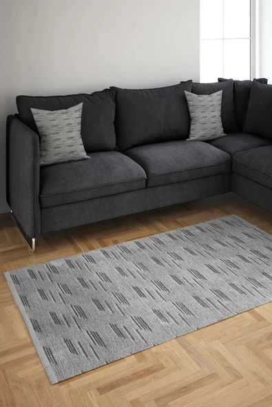 Açık Gri Siyah Cizgili Makinada Yıkana Bilir Şönil Kilim Kaymaz Taban Makina Halısı