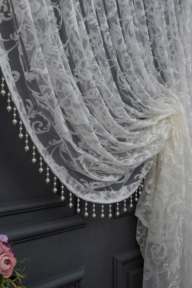 Beyaz Şal Tasarım Boncuklu Kruvaze Perde Yanki Tül Tiyatro Model Perde - Resim 2
