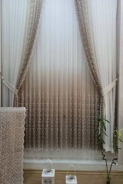 Bej Vizon Açık Kahve Renk Sağ Sol Kanat Fon ve İç Tül Takım Kombin Papatyalı Degrade Tül Perde