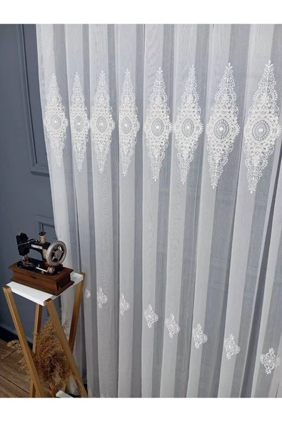 Nakışlı Kort Damask Salon Model Tarz Tasarım Opitima Exculusive 1e3Kat Pileli Tül Perde - 4