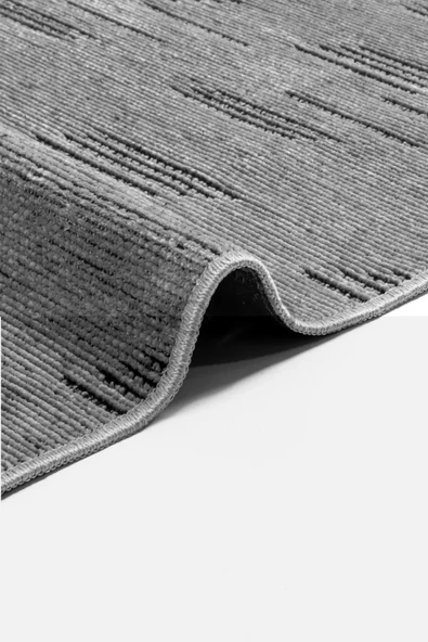 Açık Gri Siyah Cizgili Makinada Yıkana Bilir Şönil Kilim Kaymaz Taban Makina Halısı - 3