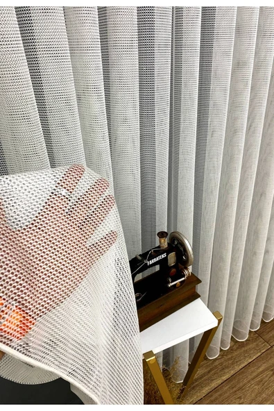 Beyaz Renkli Fileli Yeni Tasarim  3Kat Pileli File Tül Perde - 2