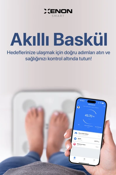 Xenon Smart Akıllı Tartı Dijital Baskül BT Apple Health Google Fit, Vücut Kitle, Kas, Su, Yağ, Kemik Beyaz X8701 - 4