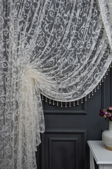 Beyaz Şal Tasarım Boncuklu Kruvaze Perde Yanki Tül Tiyatro Model Perde - Resim 3