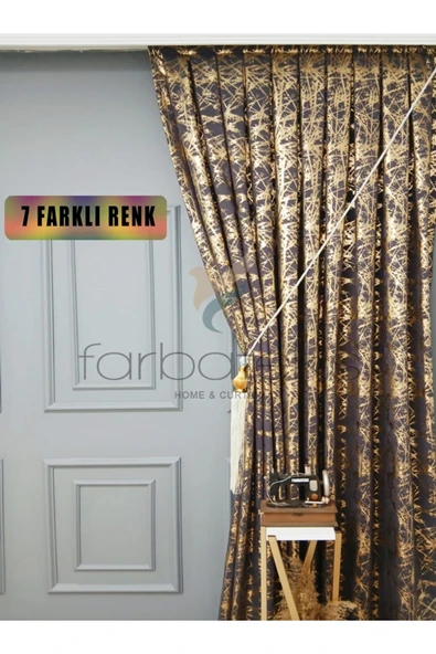 Füme Gri Gold Varak Parlak Bağcıklı Opart Kumaş 3Kat Pileli Fon Perde