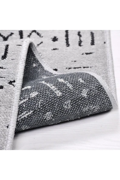 İskandinav Desen Açık Gri Renkli Makinada Yıkana Bilir Şönil Kilim Kaymaz Taban Makina Halısı - 5