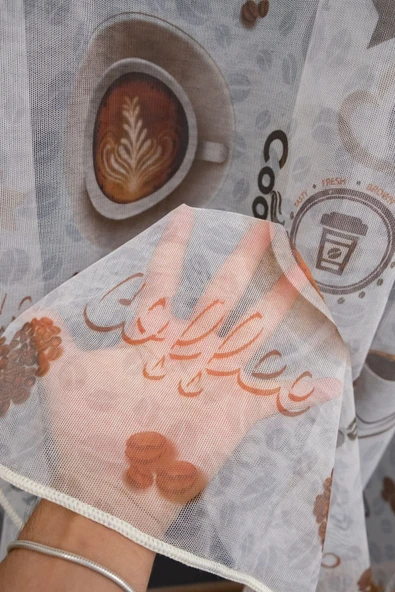 Kahve Kahveli Desen Brillant Mutfak Tül Perdesi 3 Kat Pileli - 4