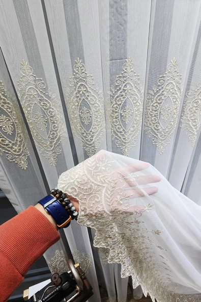 Gold Altın Orta İstanbul Damask  İşlemeli Salon Model Tasarım 3Kat Pileli Tül perde