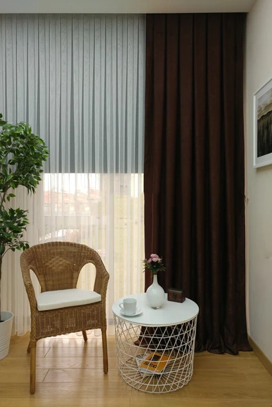 Fon Kumaş Perde Açık Kahve Renk Kadifemsi Yumuşak Soft 1e 3 Dökümlü Pile - 3