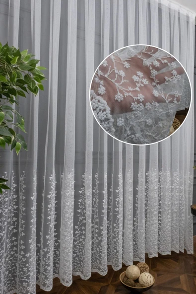 Papatya Etek Nakış Geniş Desen Tarz Tasarım 3kat Pileli Tül Perde - 2