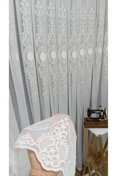 Ottoman Beyaz Ekru Kort Nakılşlı Salon 3kat Pileli Tül Perde - Resim 2