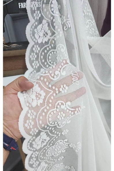 Sade Etek Nakışlı Ekru Örme 2Kat Pileli Tül Perde
