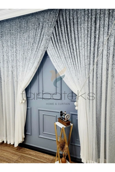 Yeni Tasarım Üst Renkli Gri Antrasit Füme Serpinti Yalancı Kruvaze Tül Perde - Resim 5