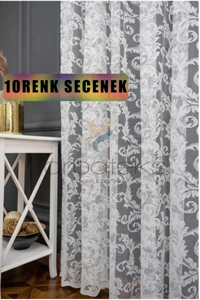 Klasik Şal Desen Kırık Beyaz Renk Desen Tasarım 2 Kat Pileli Tül Perde