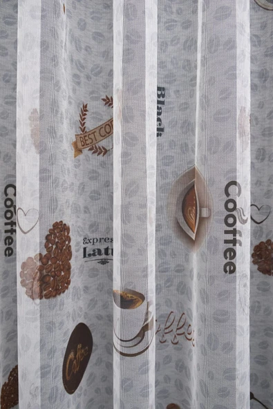 Kahve Kahveli Desen Brillant Mutfak Tül Perdesi 3 Kat Pileli - 3