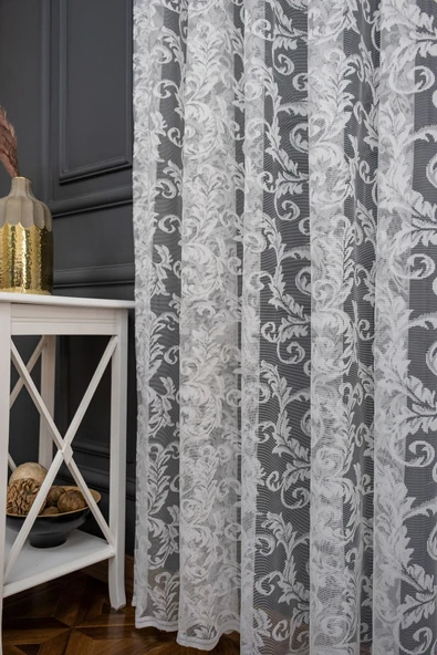 Klasik Şal Desen Kırık Beyaz Renk Desen Tasarım 1e3 Kat Pileli Tül Perde