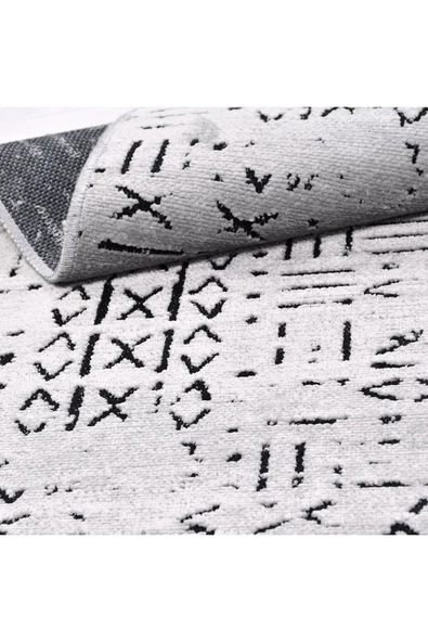 İskandinav Desen Açık Gri Renkli Makinada Yıkana Bilir Şönil Kilim Kaymaz Taban Makina Halısı - 7