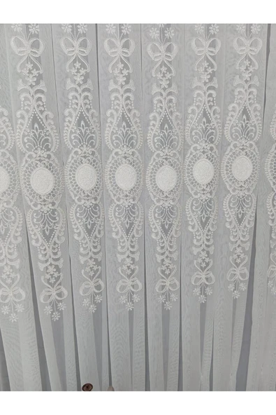 Ottoman Beyaz Ekru Kort Nakılşlı Salon 3kat Pileli Tül Perde - Resim 3