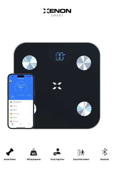 Xenon Smart Akıllı Tartı Dijital Baskül BT Apple Health Google Fit, Vücut Kitle, Kas, Su, Yağ, Kemik Siyah X8701 - 4