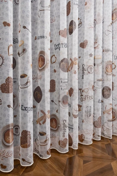 Kahve Kahveli Desen Brillant Mutfak Tül Perdesi 3 Kat Pileli - 5