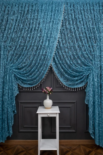 Petrol Yeşil Şal Tasarım Boncuklu Kruvaze Perde Yanki Tül Tiyatro Model Perde ürün görseli