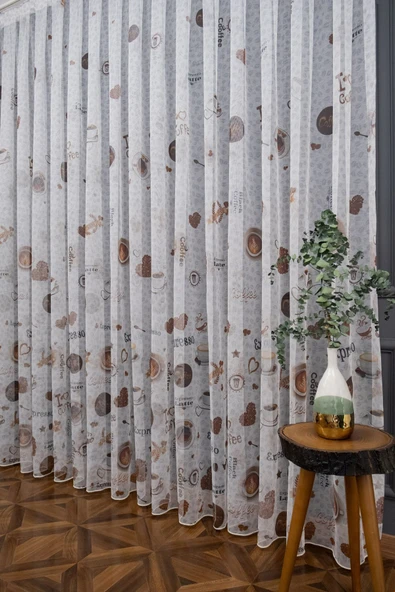 Farbateks Dikim Kahve Fincanı Desenli Tasarım 1/3 Kat Sık Pileli Ütü Istemez Tül Perde