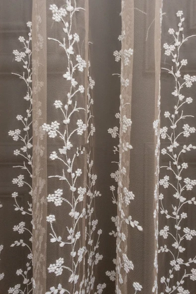 Bej Vizon Açık Kahve Renk Sağ Sol Kanat Fon ve İç Tül Takım Kombin Papatyalı Degrade Tül Perde - 4