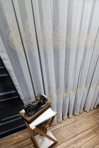 Gold Altın Orta İstanbul Damask  İşlemeli Salon Model Tasarım 3Kat Pileli Tül perde - 2