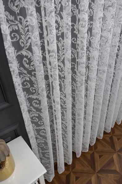 Klasik Şal Desen Kırık Beyaz Renk Desen Tasarım 2 Kat Pileli Tül Perde - 2