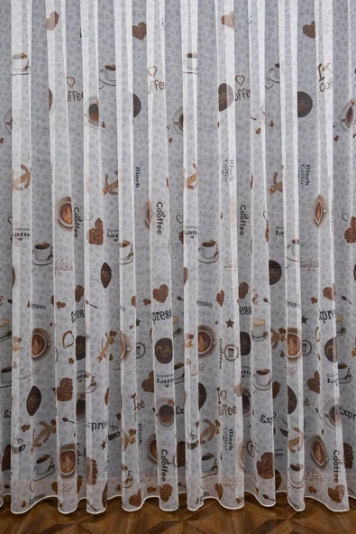 Kahve Kahveli Desen Brillant Mutfak Tül Perdesi 3 Kat Pileli - 2