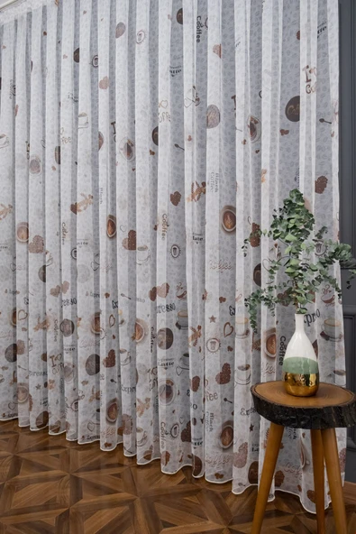 Farbateks Dikim Kahve Kahveli Mutfak Kafe Tül Perde 1/2 Seyrek Pileli Tül Perde