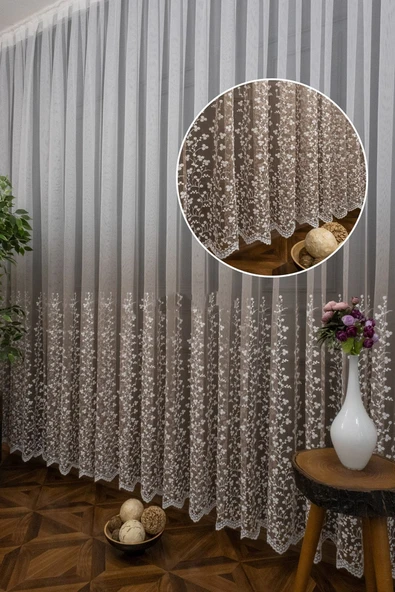 Bej Vizon Açık Kahve Renk Sağ Sol Kanat Fon ve İç Tül Takım Kombin Papatyalı Degrade Tül Perde - 2