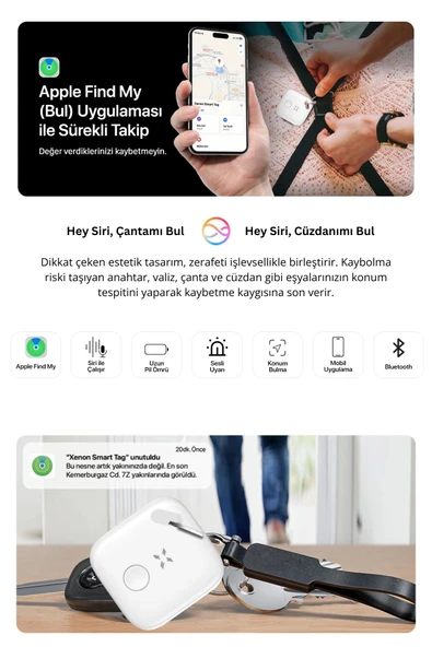 Xenon Smart Airtag Akıllı Bluetooth Takip Cihazı Apple Find My App Ile Konum Eşya Bulucu 3 Adet Beyaz Tag X6602 - 2