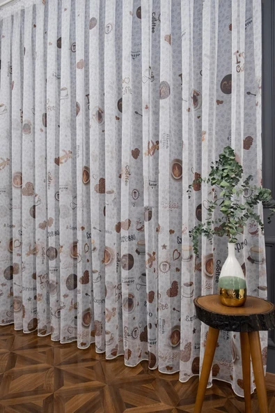 Kahve Kahveli Desen Brillant Mutfak Tül Perdesi 3 Kat Pileli