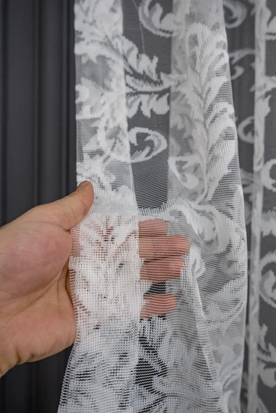 Klasik Şal Desen Kırık Beyaz Renk Desen Tasarım 1e3 Kat Pileli Tül Perde - 3