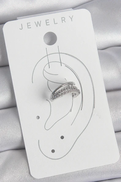 Pirinç Gümüş Renk Zirkon Taşlı 3'Lü Sıralı Kadın Kıkırdak Küpe - EBJ250522W34172 - Resim 2