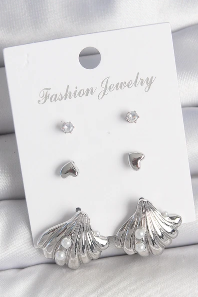 Pirinç Gümüş Renk Zirkon Taş Detaylı İnci Detaylı Deniz Kabuğu Model 3 Çift Kadın Küpe - EBJ250522W34217 ürün görseli