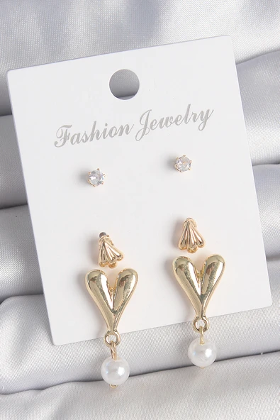 Pirinç Gold Renk Zirkon Taşlı İncili Sallantılı Kalp Model 3 Çift Kadın Küpe Seti - EBJ250522W34226 ürün görseli