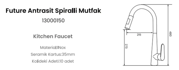 FLEKO FUTURE ANTRASİT SPİRALLİ MUTFAK EVYE BAYARTASI - Resim 2