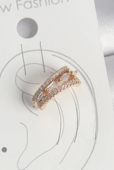 Pirinç Gold Renk Zirkon Taşlı 3'Lü Sıralı Model Kadın Kıkırdak Küpe - EBJ250522W34198 ürün görseli