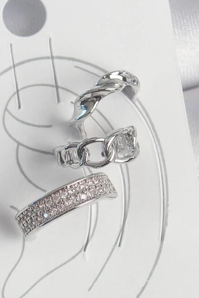 Pirinç Gümüş Renk Zirkon Taşlı 3'Lü Zincir Sarmal Model Kadın Kıkırdak Küpe - EBJ250522W34183 ürün görseli