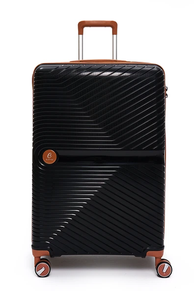 Elatae Exclusive Pro Polipropilen Büyük Boy Kırılmaz Valiz Siyah-Camel 5239 - Resim 2