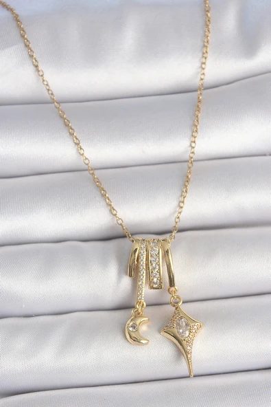316L Çelik Gold Renk Zirkon Taşlı Sallantı Ay Yıldız Figür Charm Kadın Kolye - TJ-BKO10101