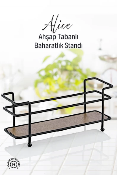 Ahşap Tabanlı Metal Baharatlık Standı- Baharatlık Düzenleyici Organizer